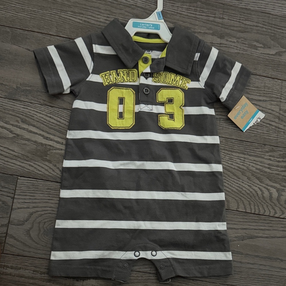 NWT Carter's Gray and White Striped Bodysuit with Yellow Accents